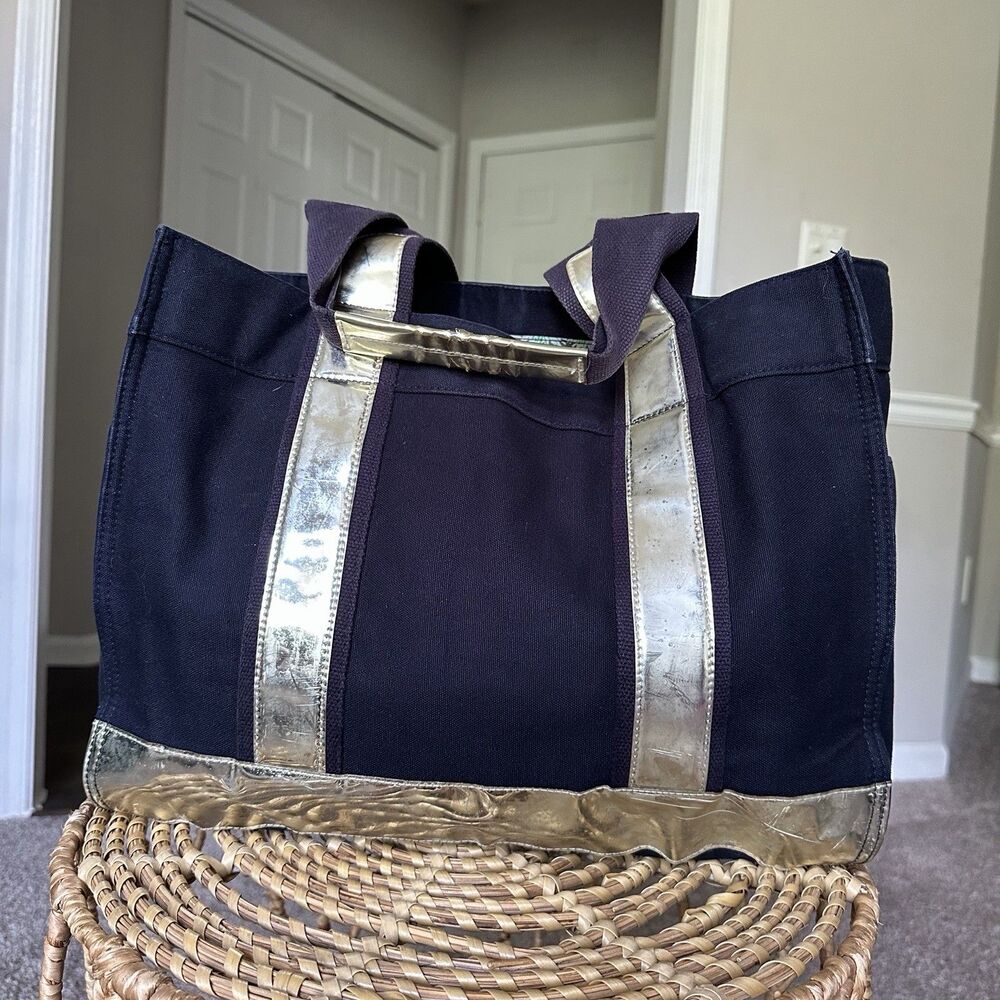 TORY BURCH Large Canvas Tote Navy Blue Shopper Bag Metallic Top Handle - Picture 2 of 16